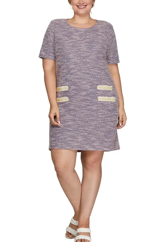 Full Size Short Sleeve Pearl Studded Trim Knit Tweed Dress Plus Size, image 4