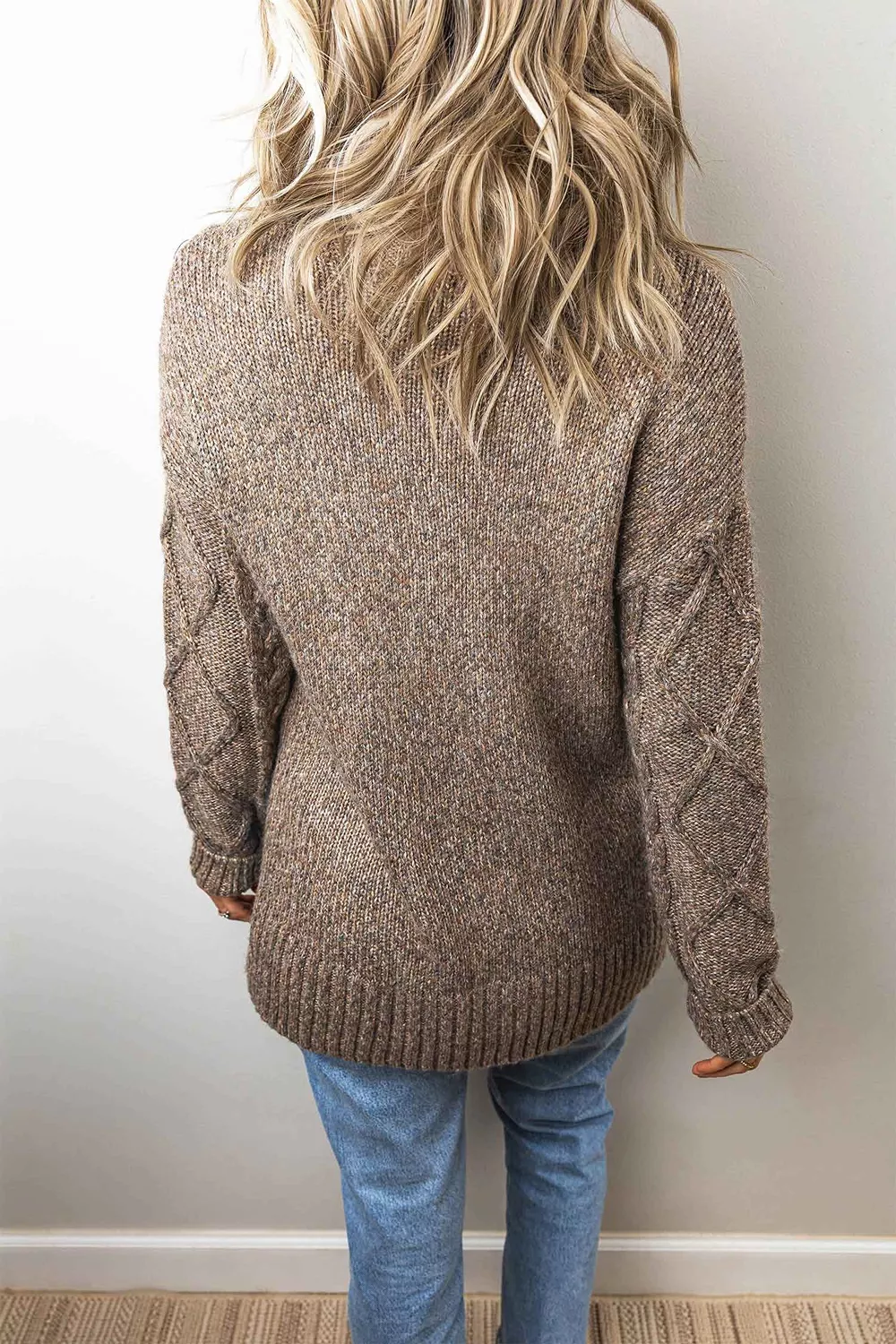 High Neck Drop Shoulder Cable Knit Regular Length Sweater, image 4