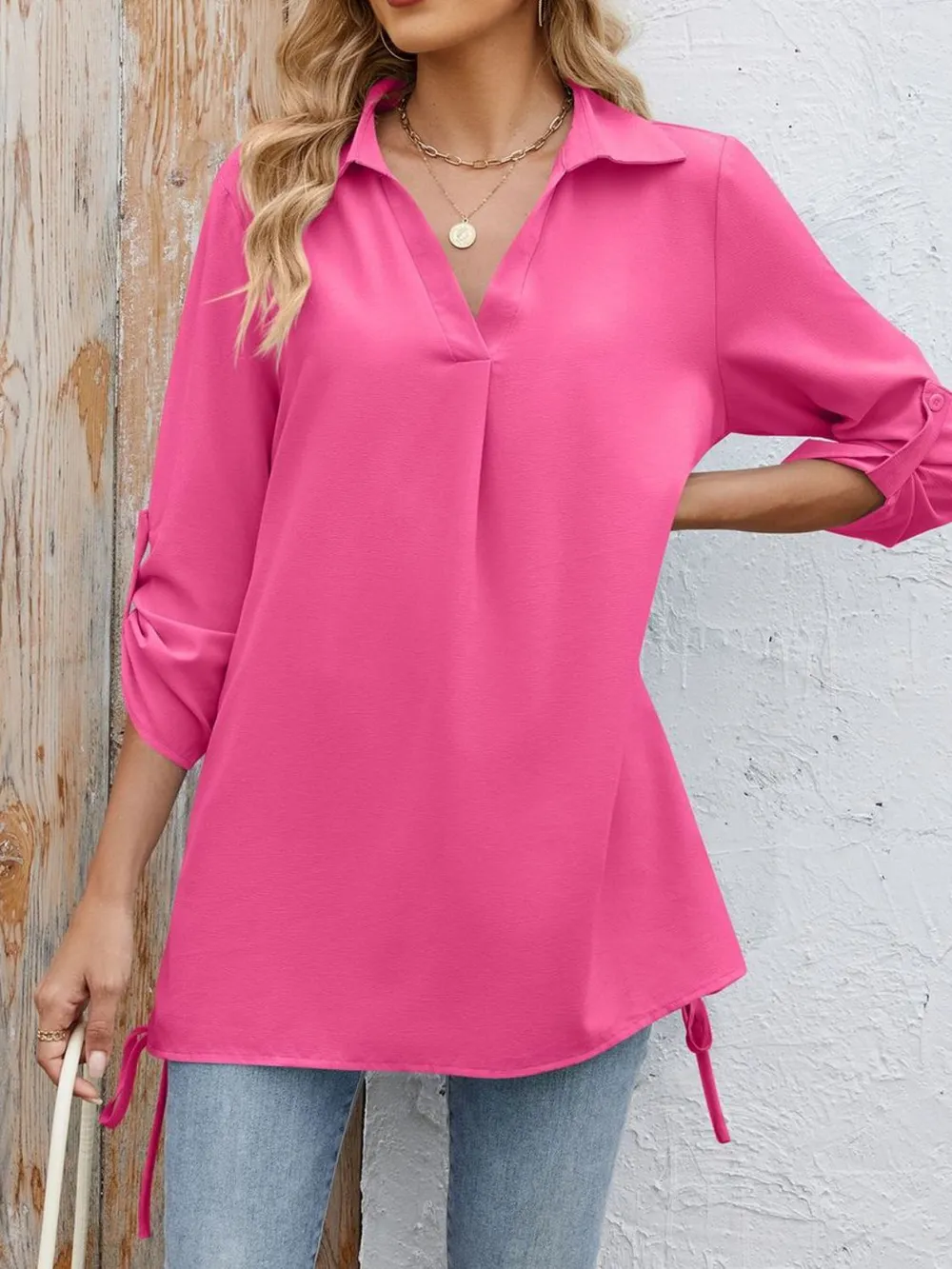 Drawstring Johnny Collared Three-Quarter Sleeve Top, image 4