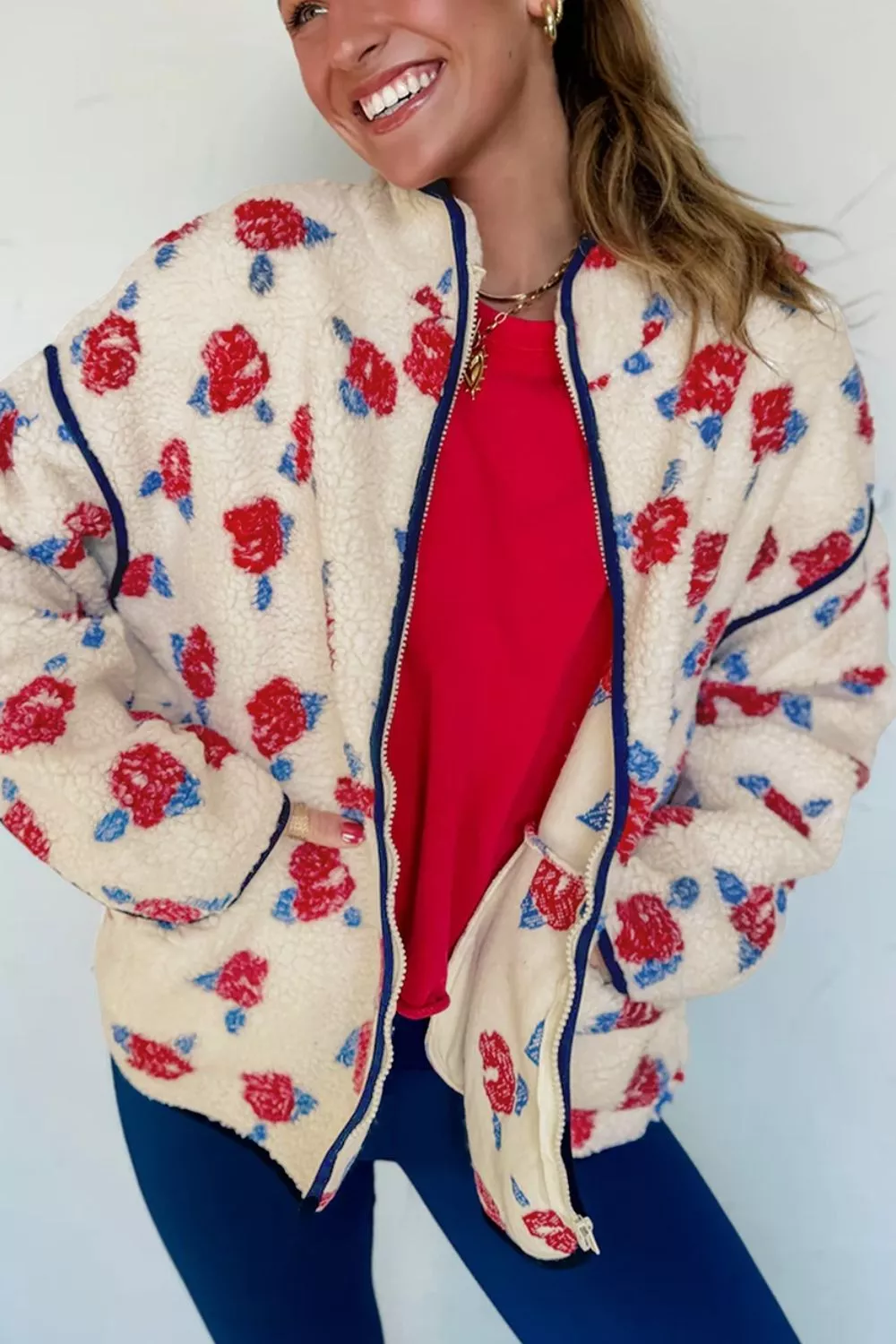 Floral Print Zipper Stand Neck Outerwear Fleece Coat, image 4