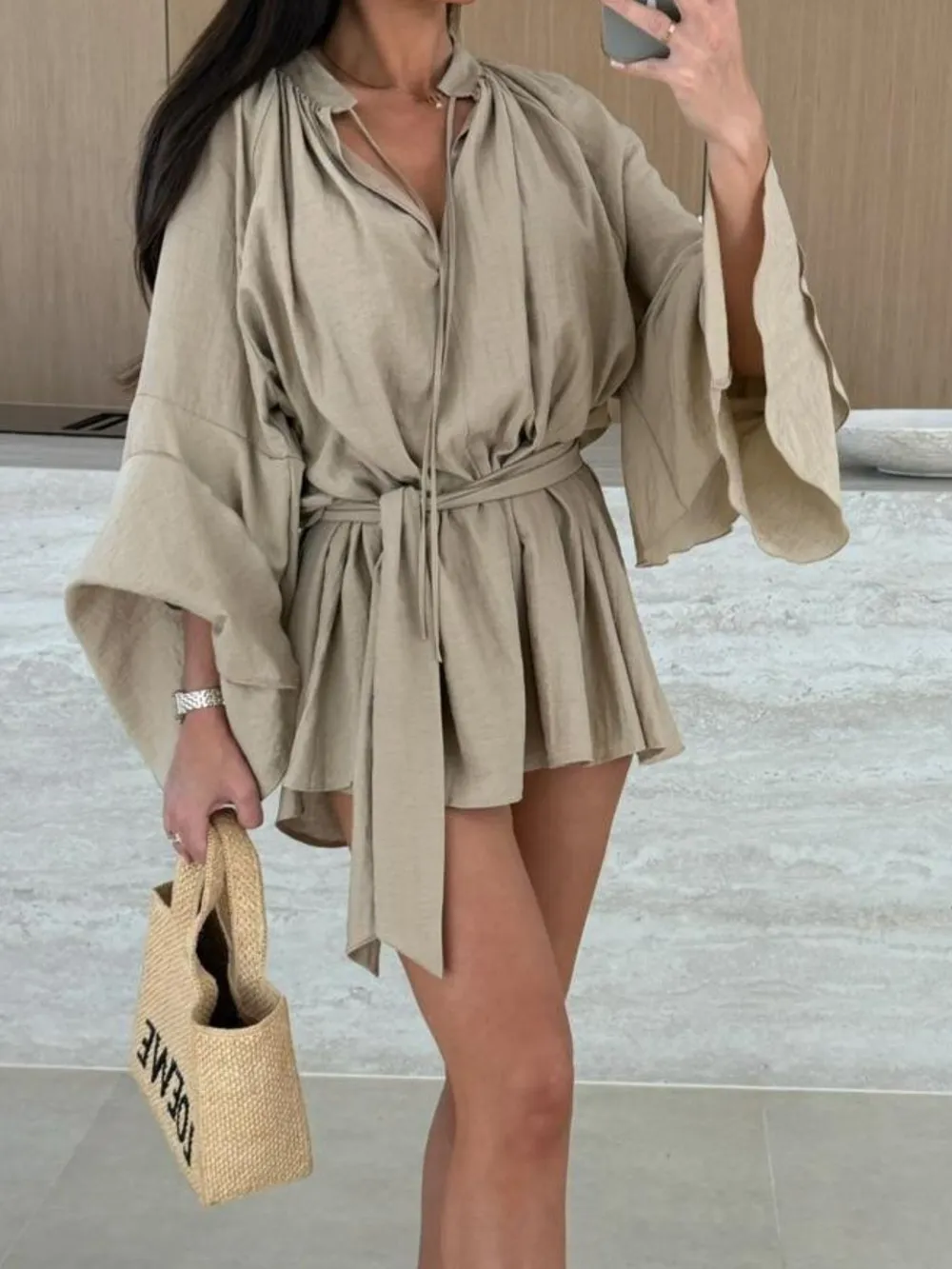Bell Sleeve Tie Waist Mini Shirt Dress, image 21