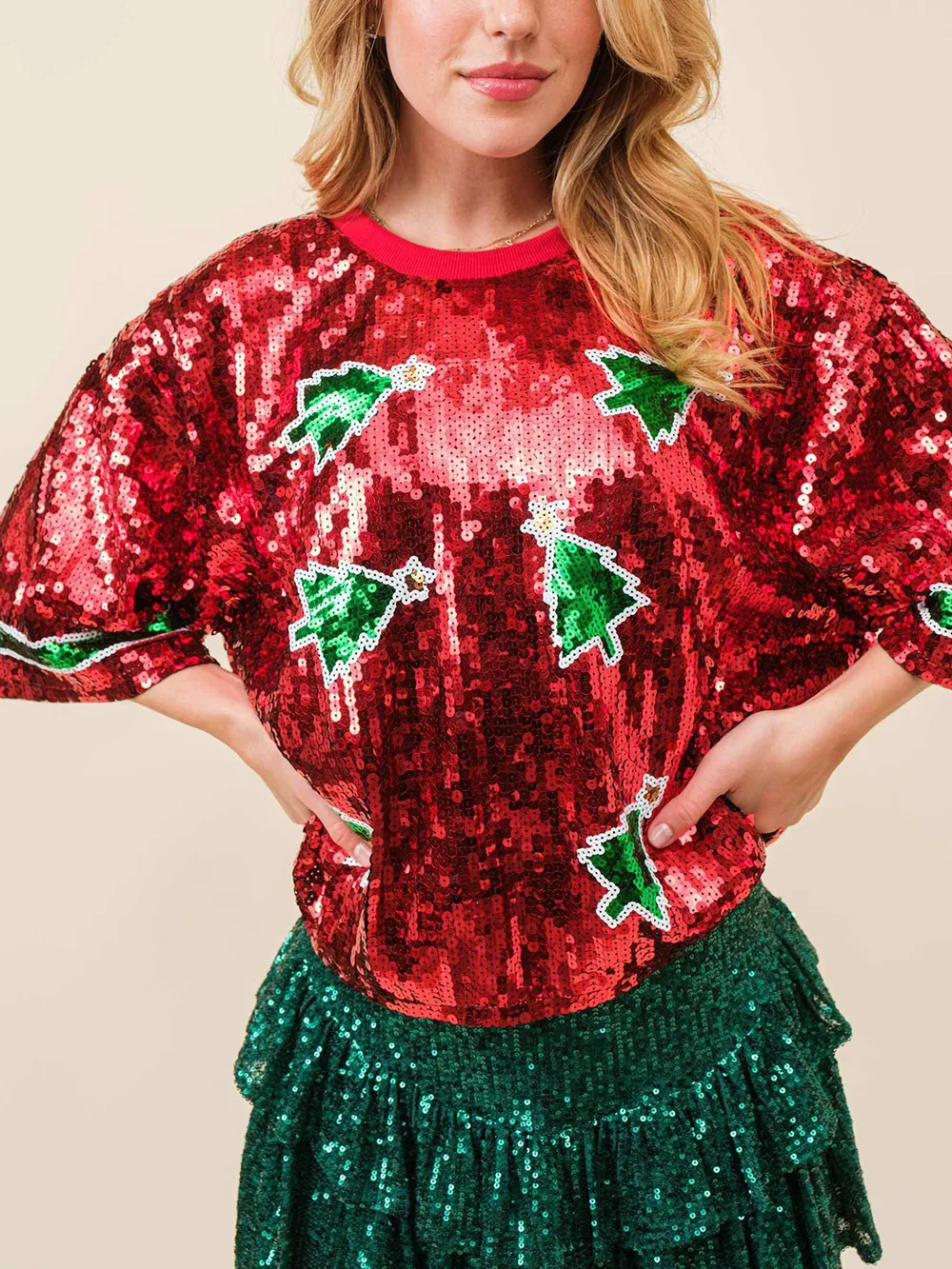 Sequin Round Neck Half Sleeve Top, image 4