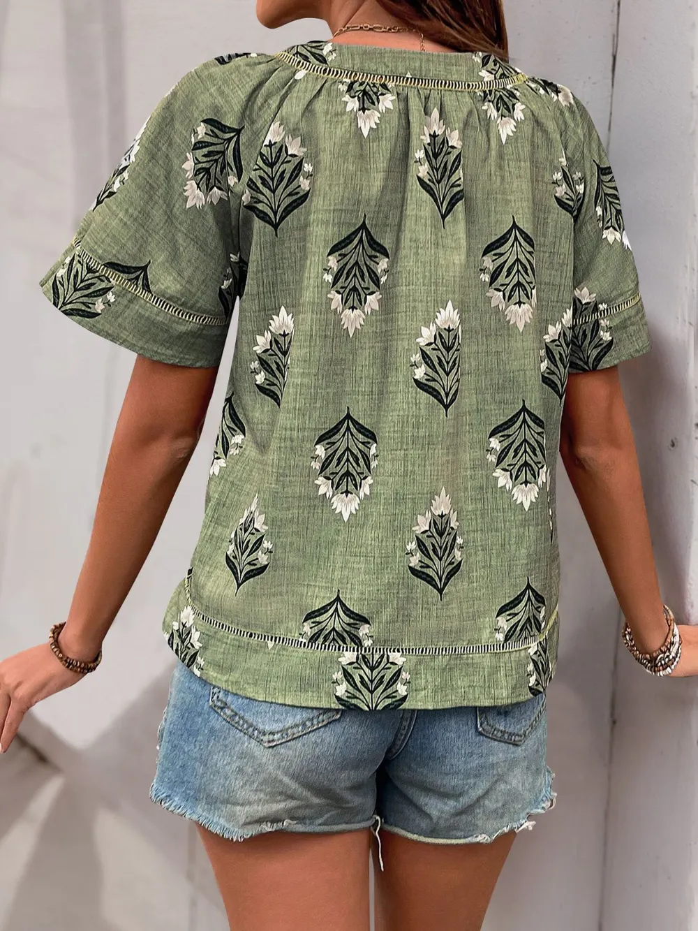 Printed V-Neck Short Sleeve Blouse, image 6