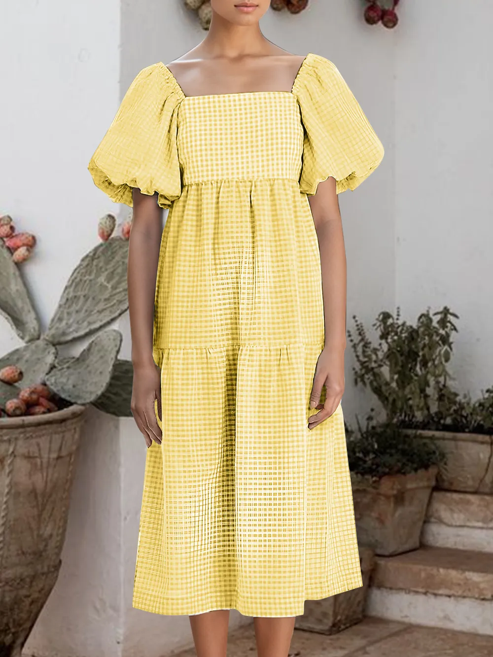 Plaid Square Neck Short Sleeve Dress, image 7
