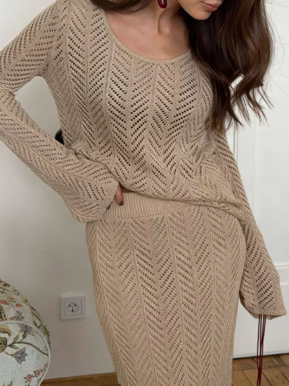 Openwork Long Sleeve Knit Top and Skirt Set, image 13