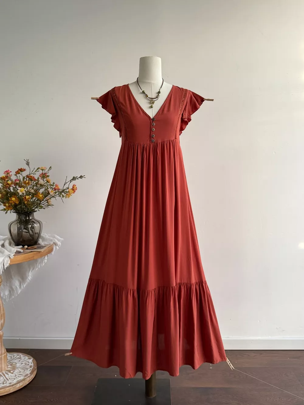 Ruffle Sleeve Maxi Dress with Button Detail, image 7