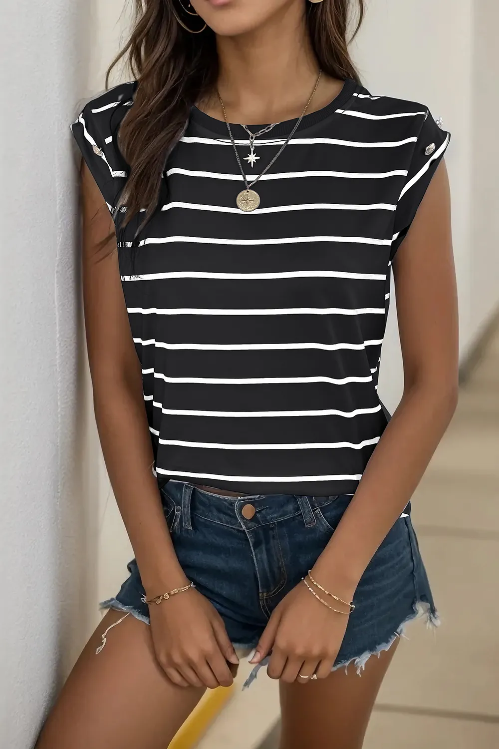 Decorative Button Round Neck T-Shirt, image 30