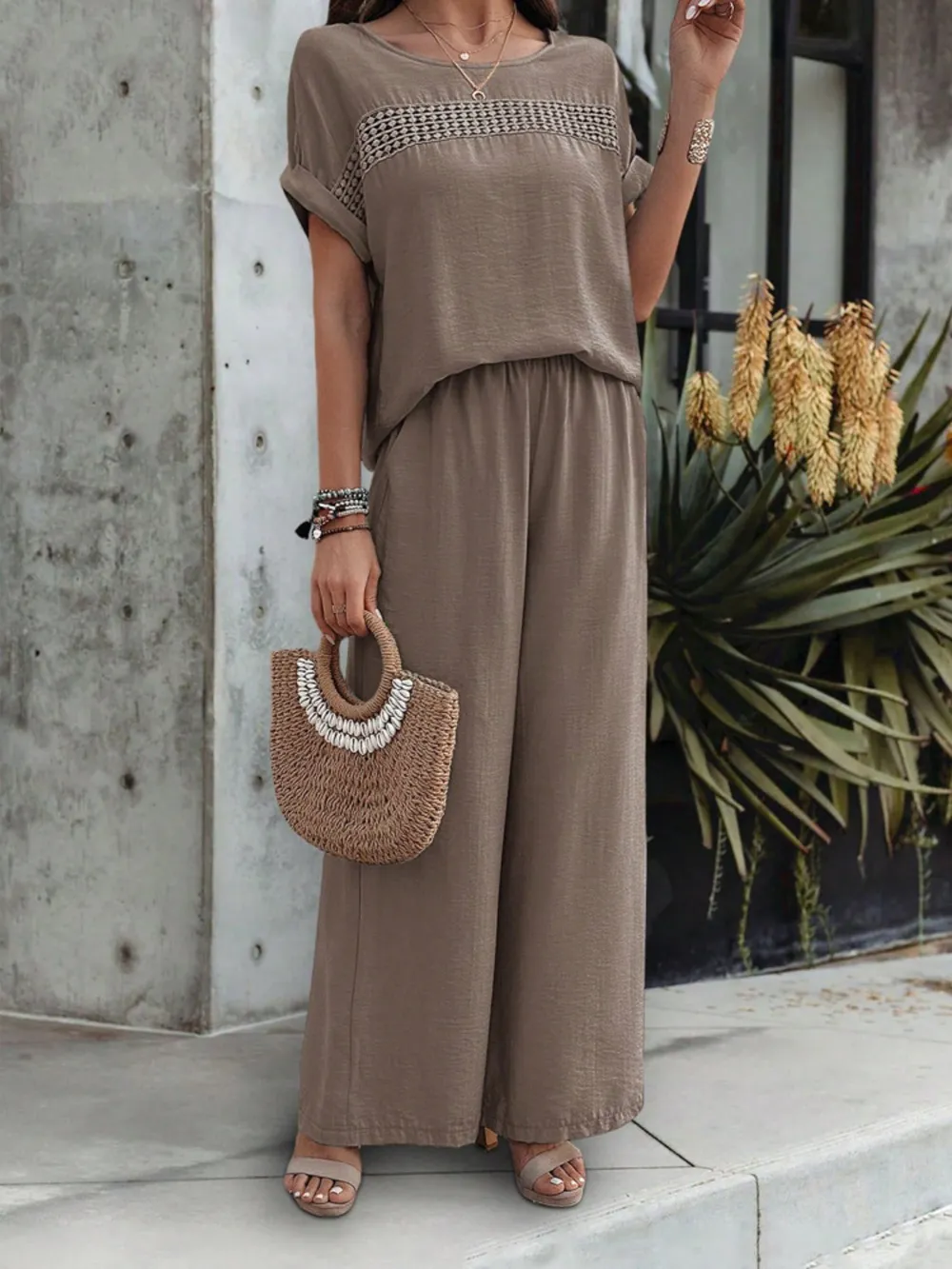 Round Neck Short Sleeve Top and Pants Set, image 14
