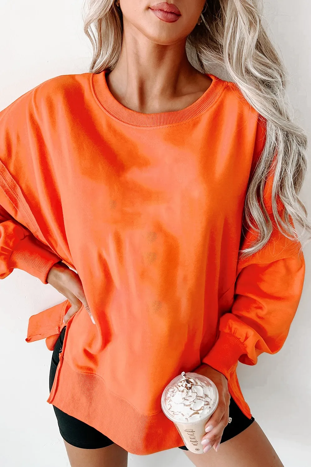 Side Slit Round Neck Long Sleeve Sweatshirt, image 30
