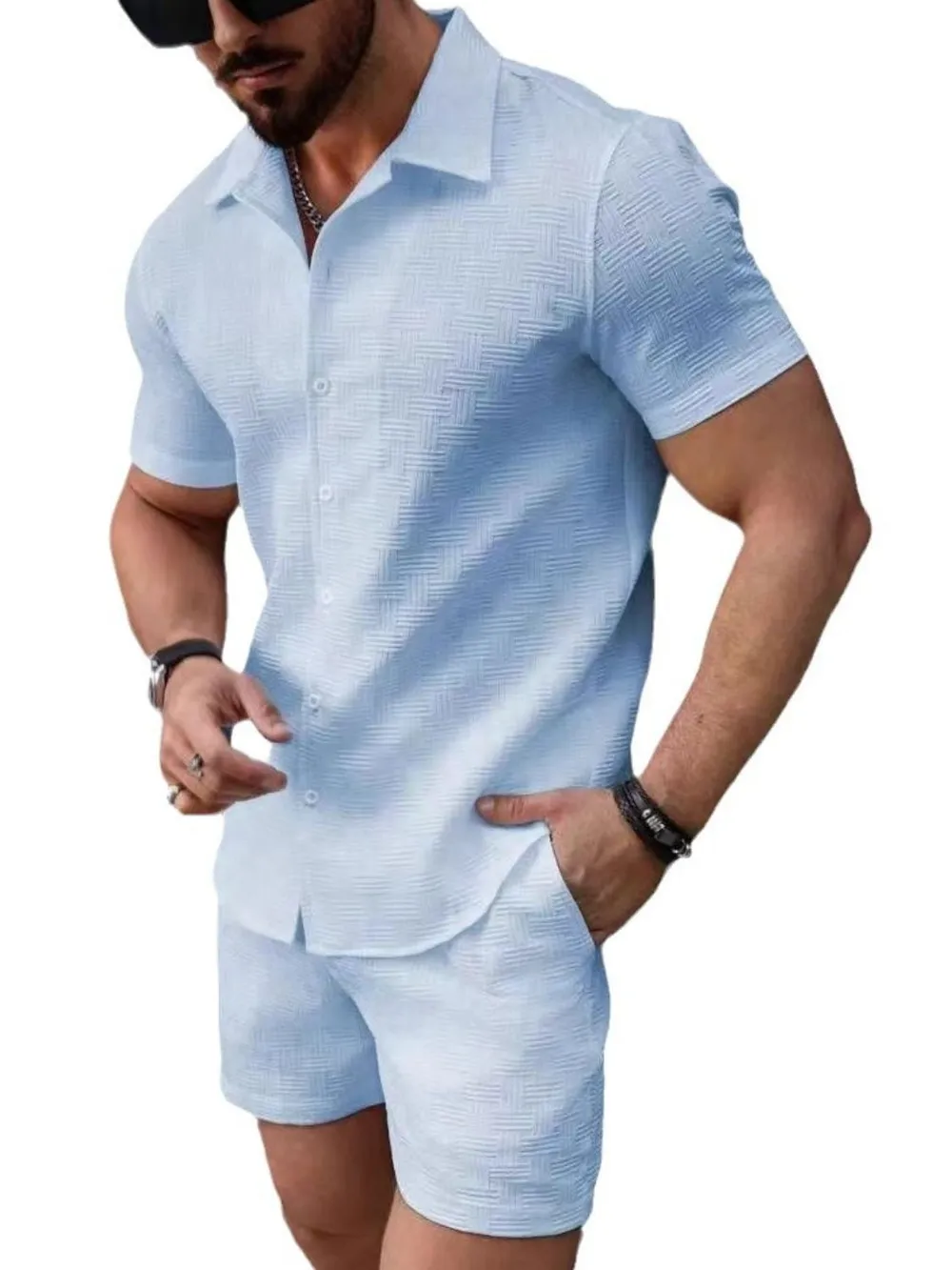 Men's Button Up Short Sleeve Shirt and Shorts Set, image 5