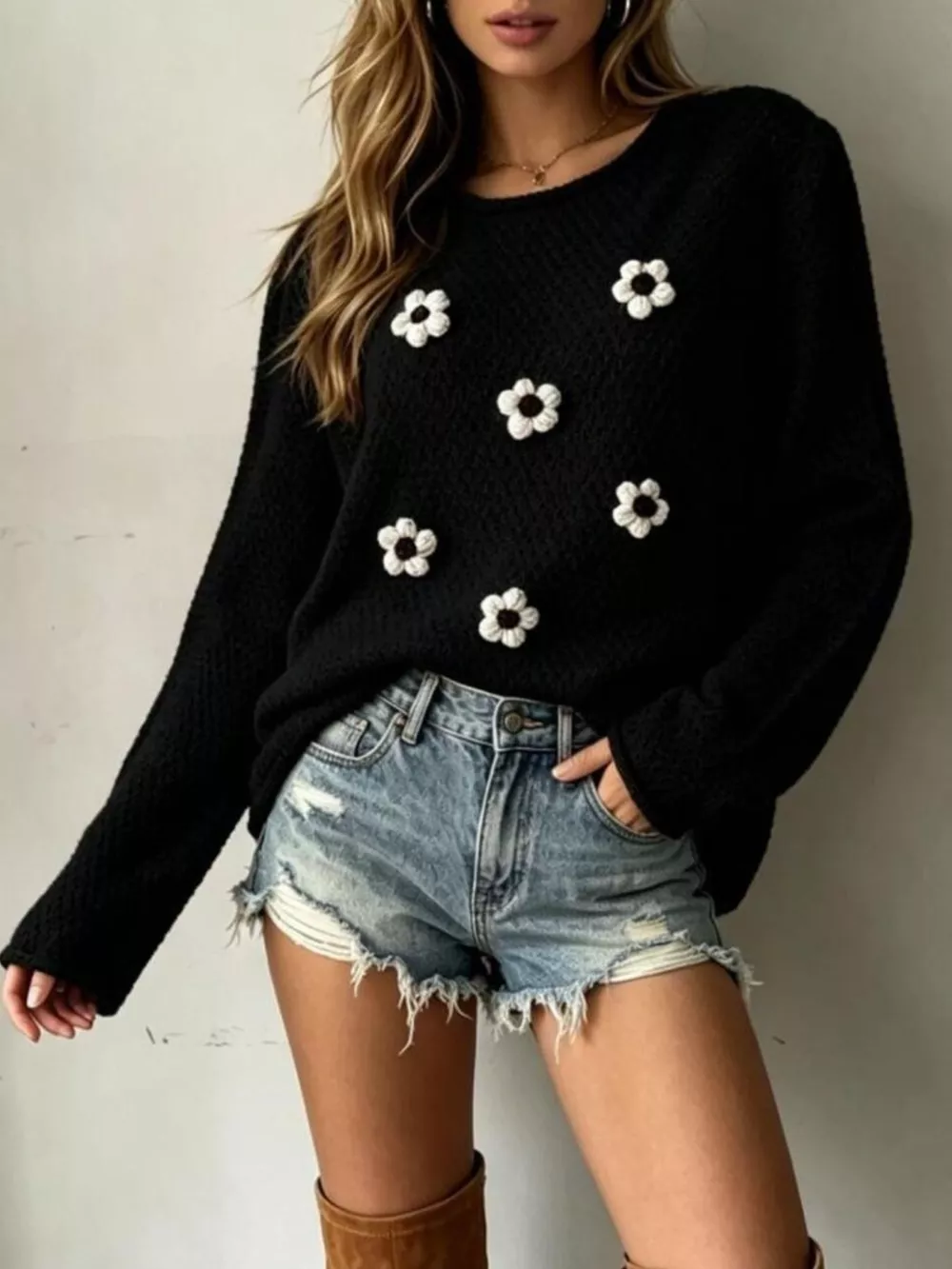 Full Size Floral Applique Textured Knit Sweater Plus Size, image 7