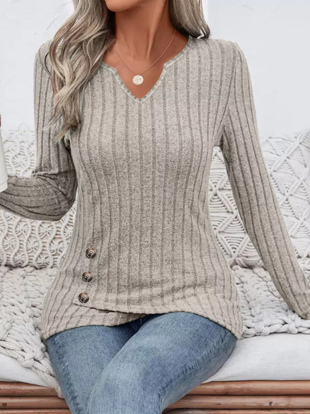 Ribbed Knit Notched Long Sleeve Top, image 9