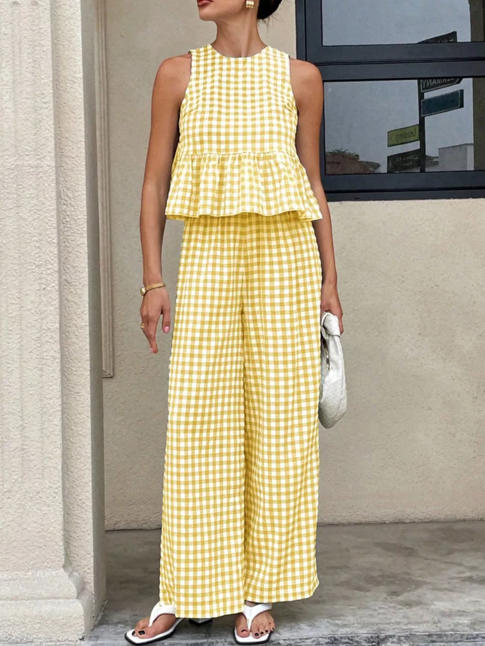 Gingham Sleeveless Top and Wide-Leg Pants Set, image 17