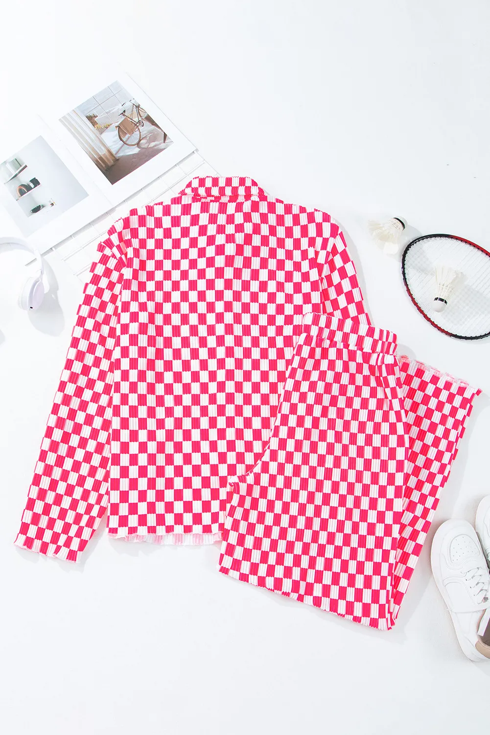 Checkered Button Up Top and Pants Lounge Set, image 3