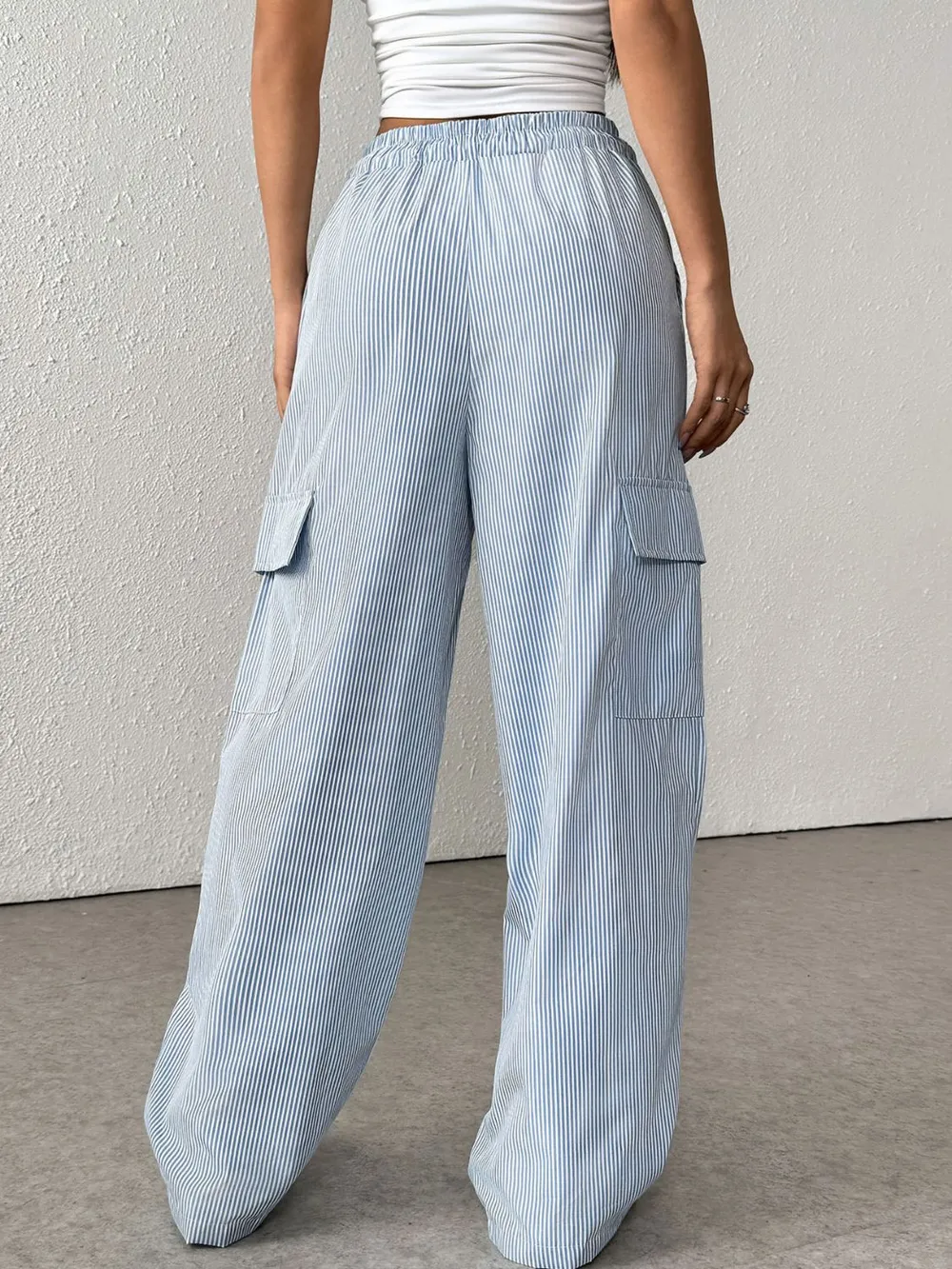 Drawstring Striped Wide Leg Cargo Pants, image 7