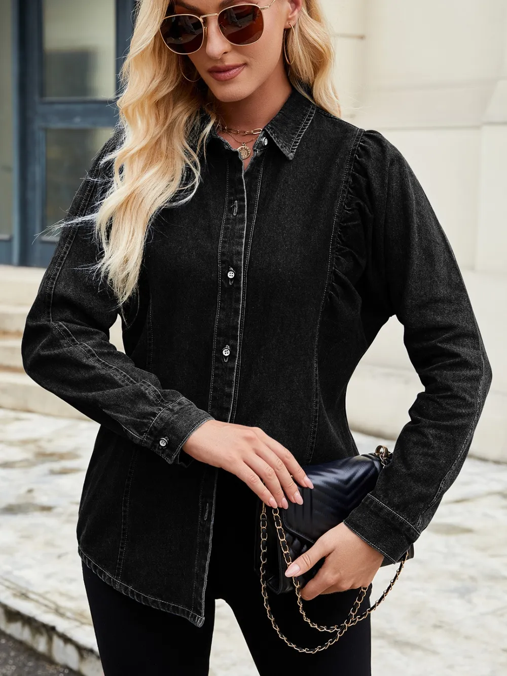 Button Down Collared Neck Denim Shirt, image 7