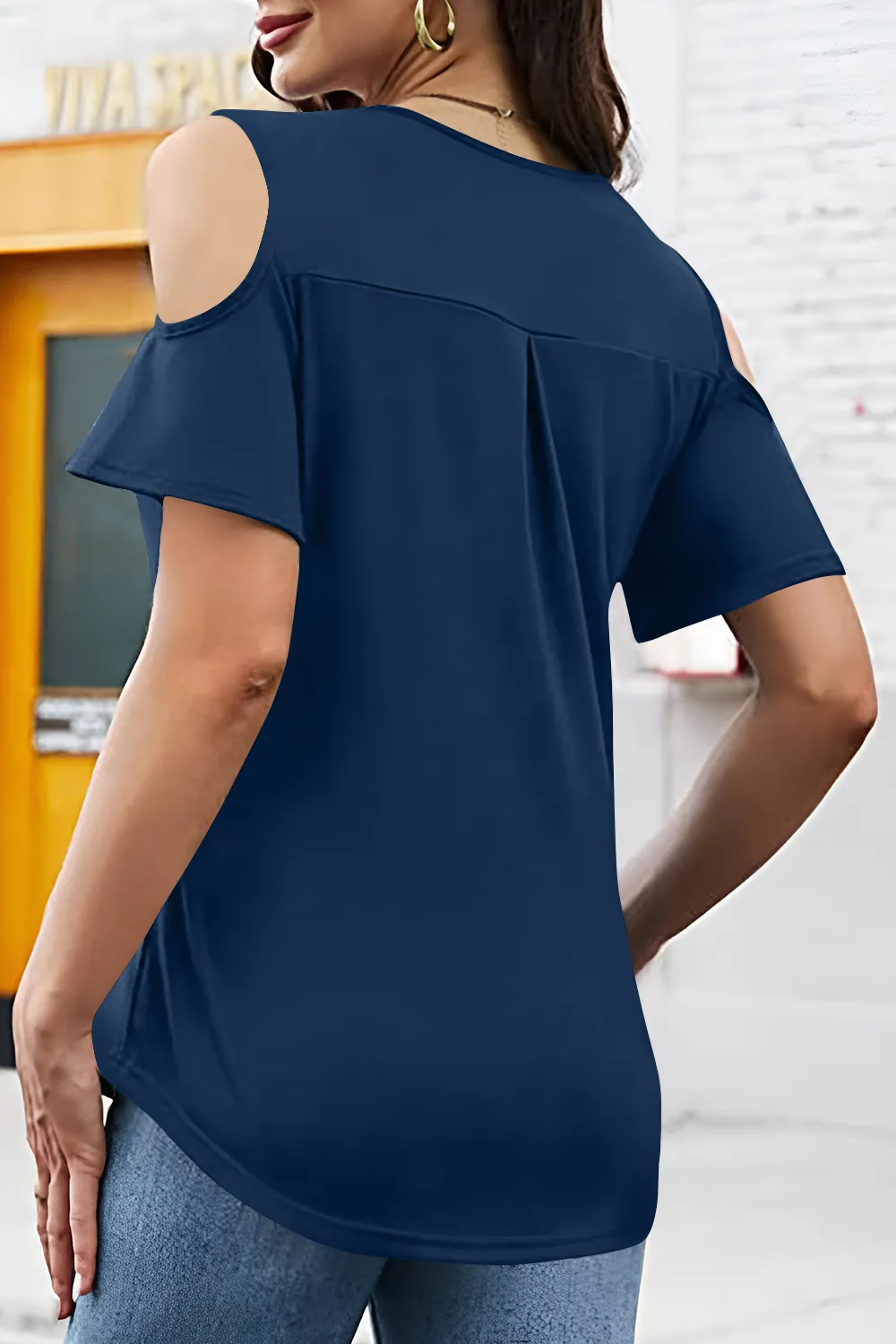 Full Size Half Zip Cold Shoulder Top, image 14