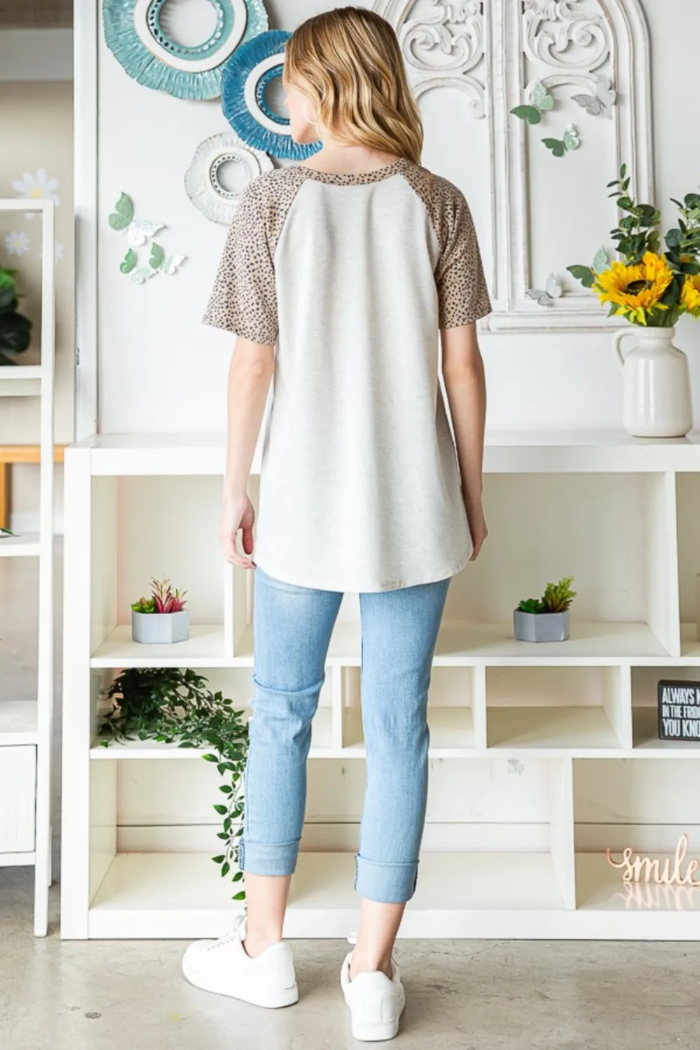 Full Size Animal Print Half Button Short Sleeve Top, image 7