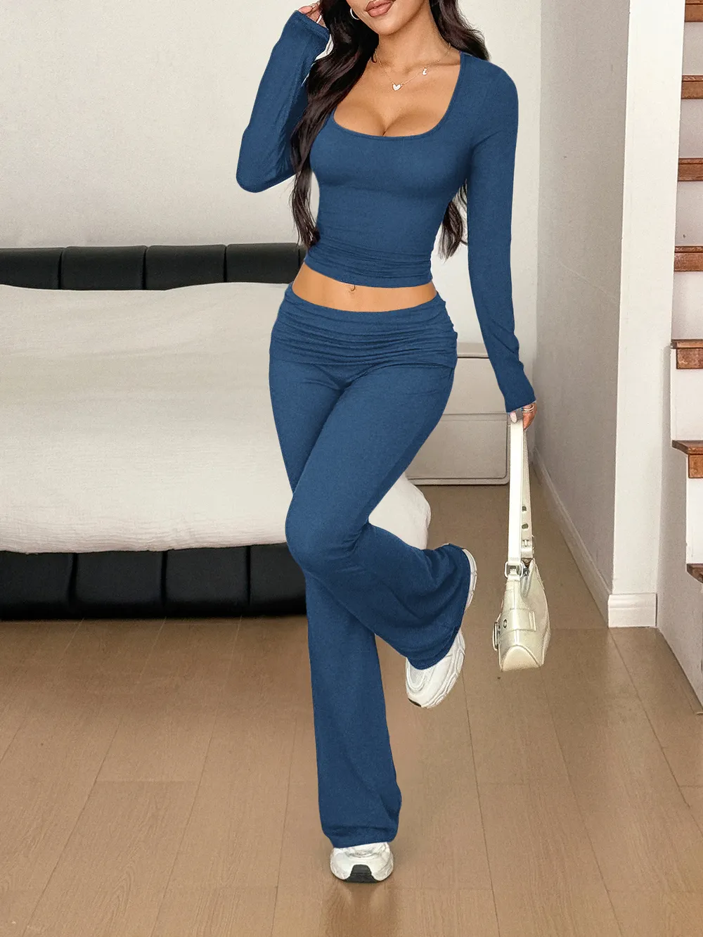 Long Sleeve Crop Top and Bootcut Pants Set, image 2