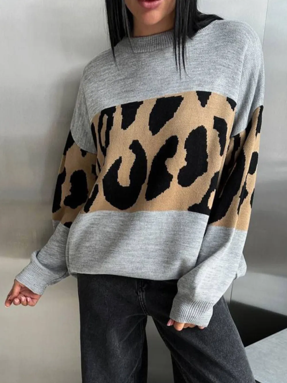 Leopard Color Block Round Neck Sweater, image 13