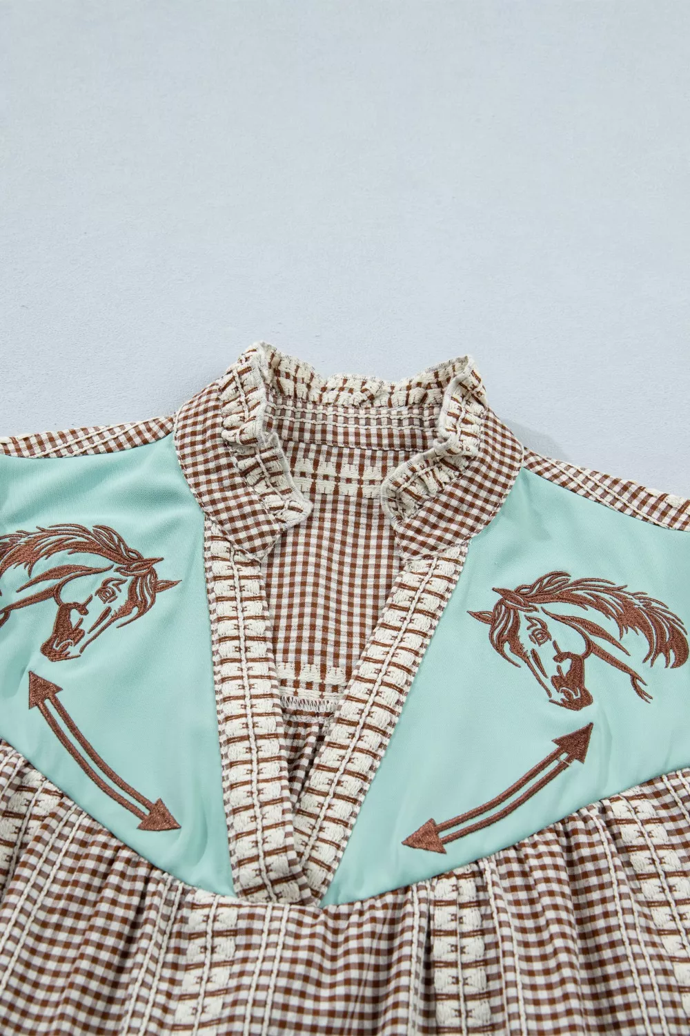Western Pony Embroidered Yoke Puff Sleeve Gingham Blouse, image 4