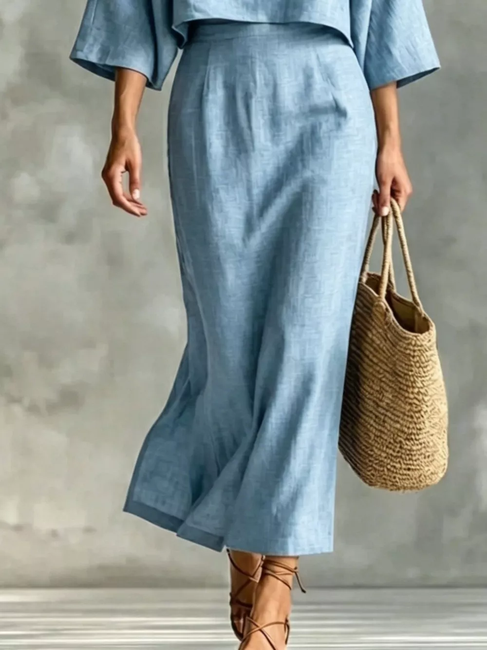 Full Size Solid Color Cropped Top and Midi Skirt Set Plus Size, image 15