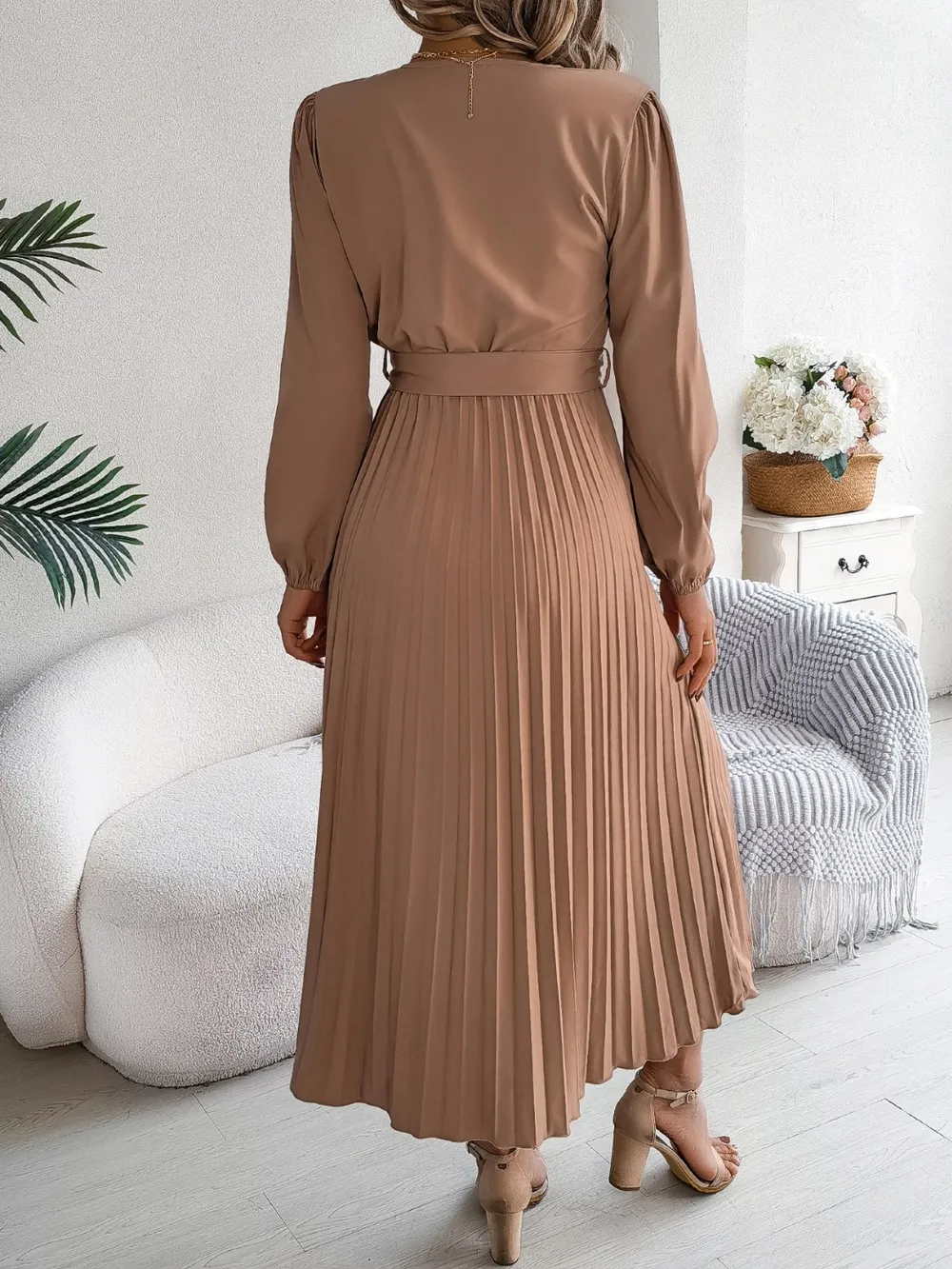 Pleated Tied V-Neck Long Sleeve Dress, image 3