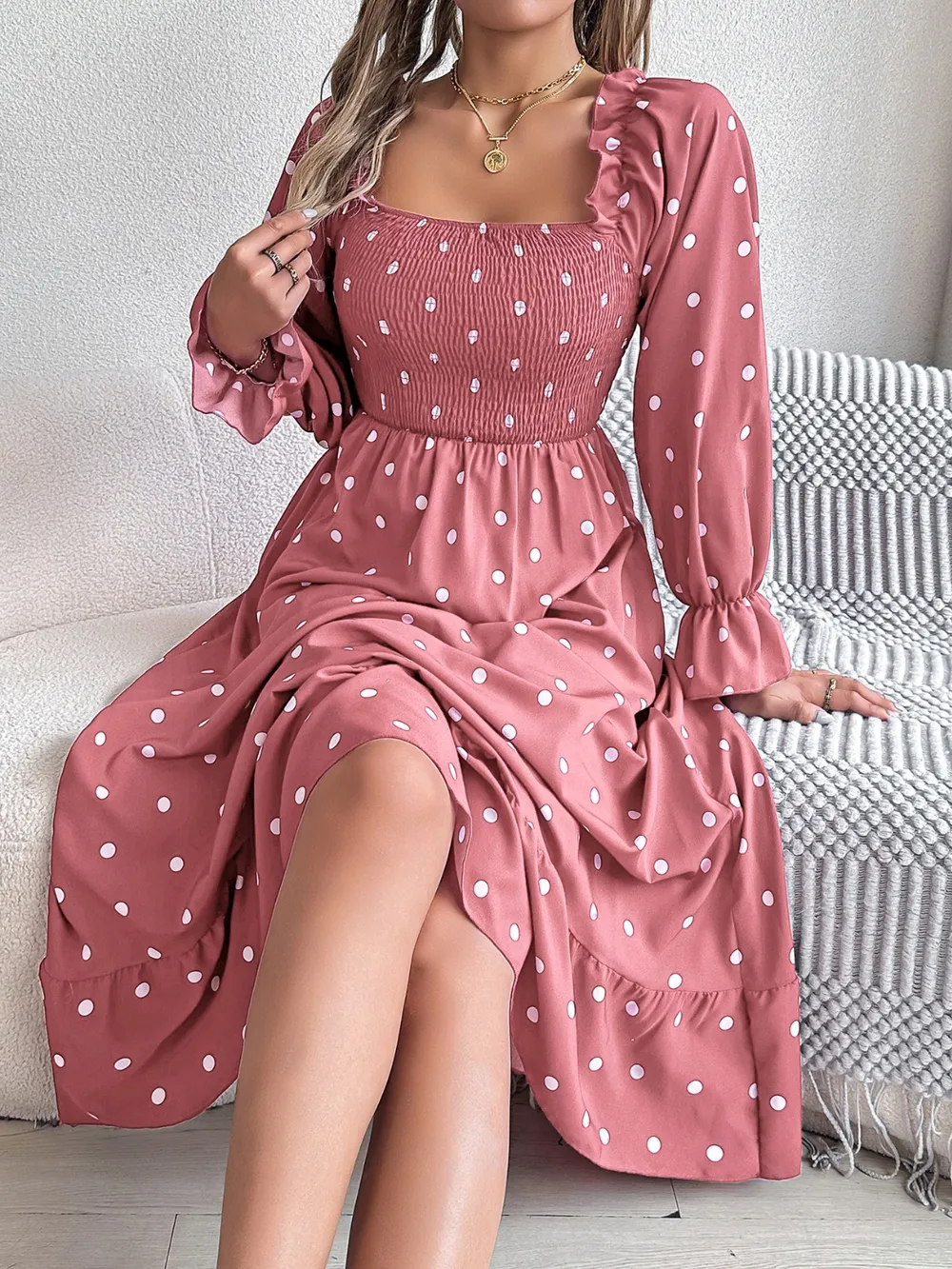 Polka Dot Flounce Sleeve Midi Dress, image 3