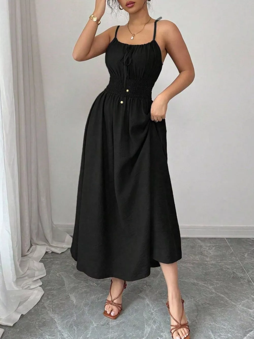 Smocked Spaghetti Strap Midi Dress, image 24