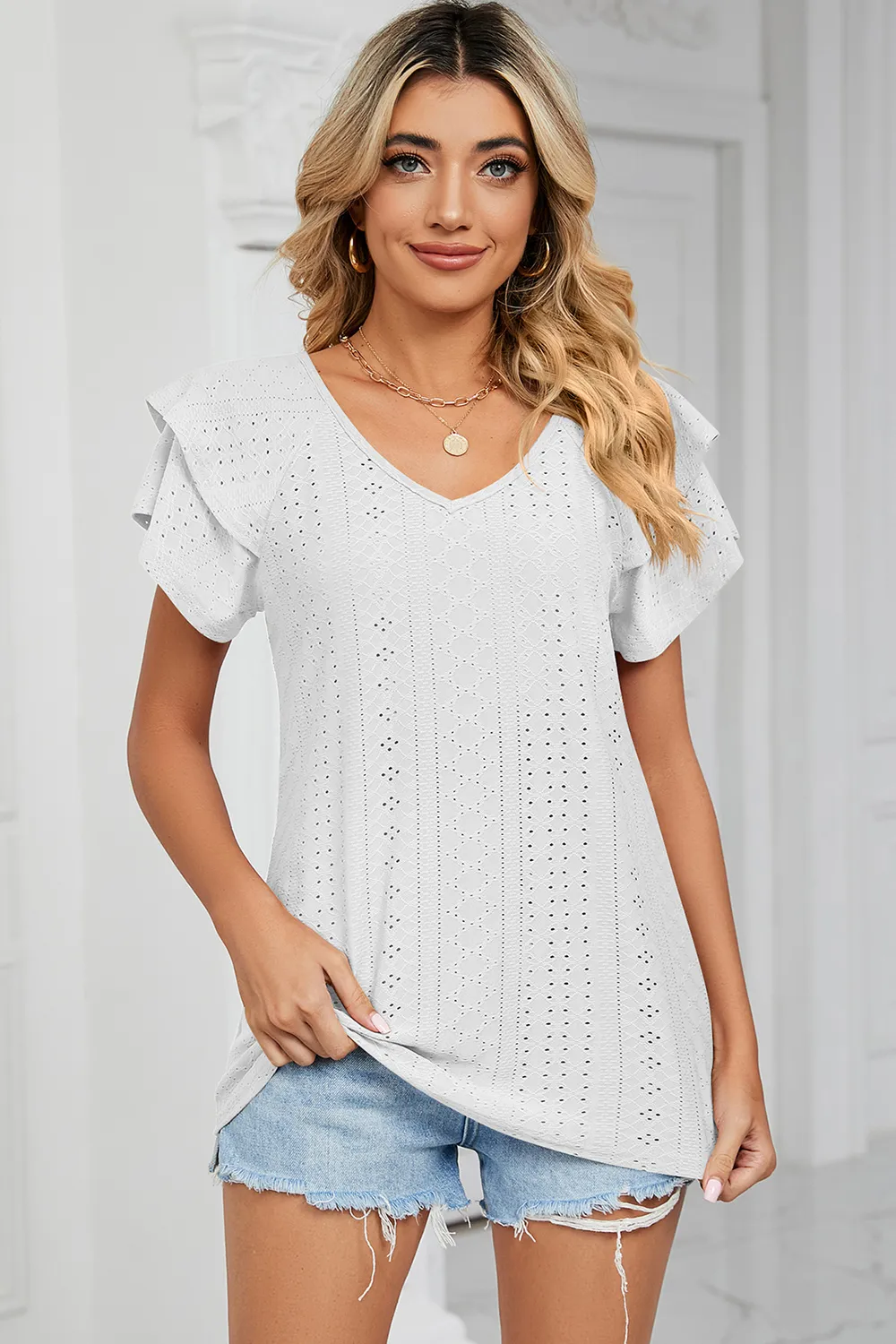 Eyelet V-Neck Short Sleeve T-Shirt, image 5