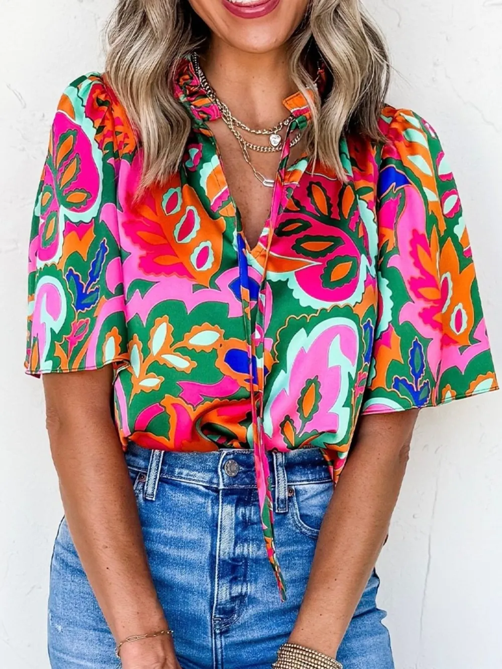 Tropical Print Short Sleeve Tie Neck Blouse, image 3