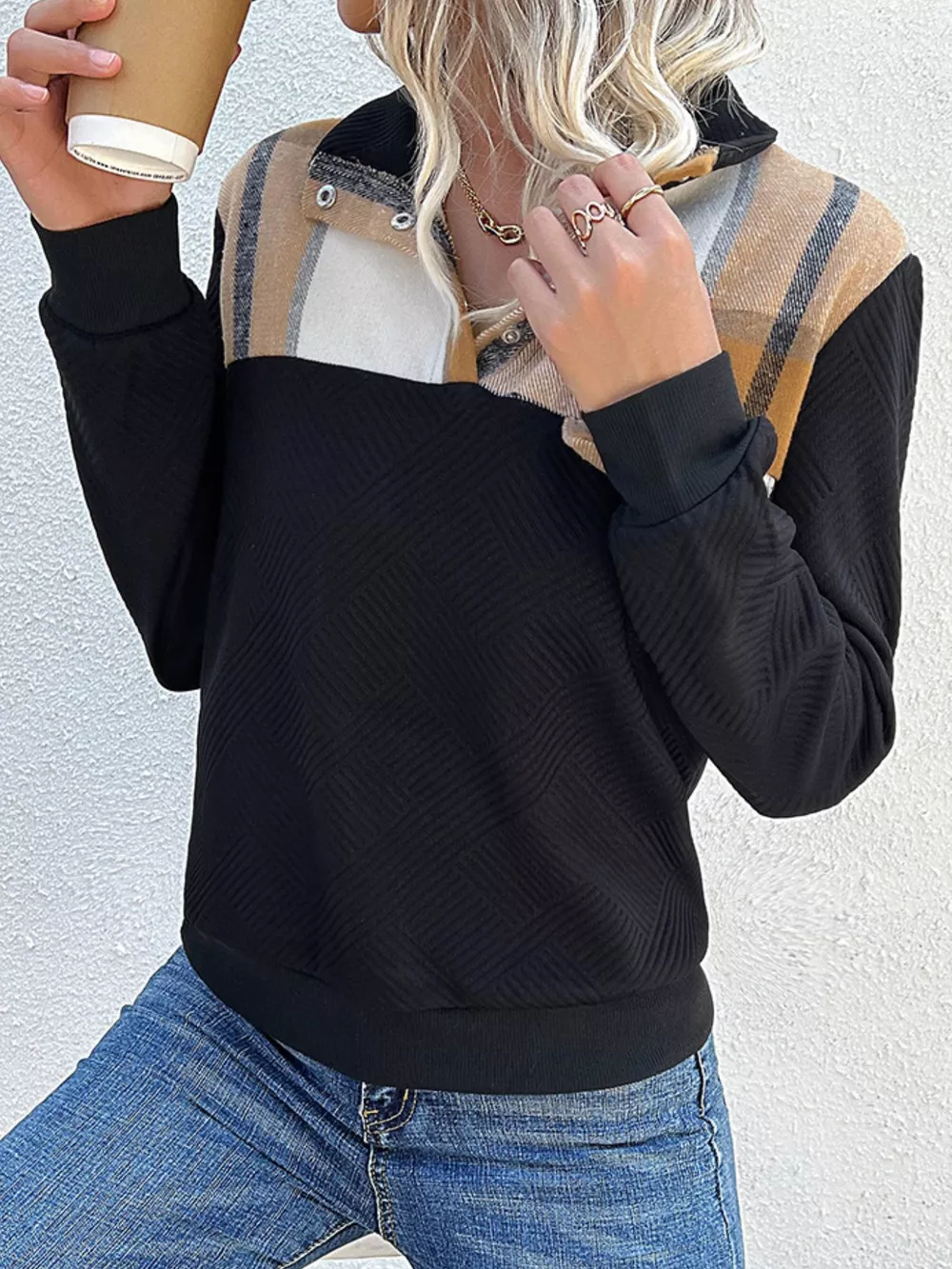 Color Block Texture Long Sleeve Sweatshirt, image 10