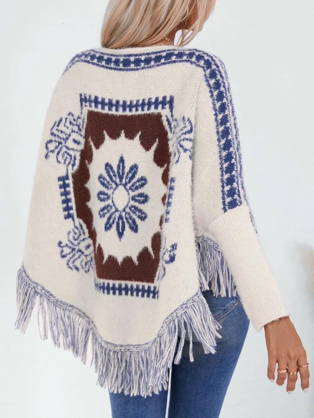 Fringe Geometric Long Sleeve Poncho, image 3