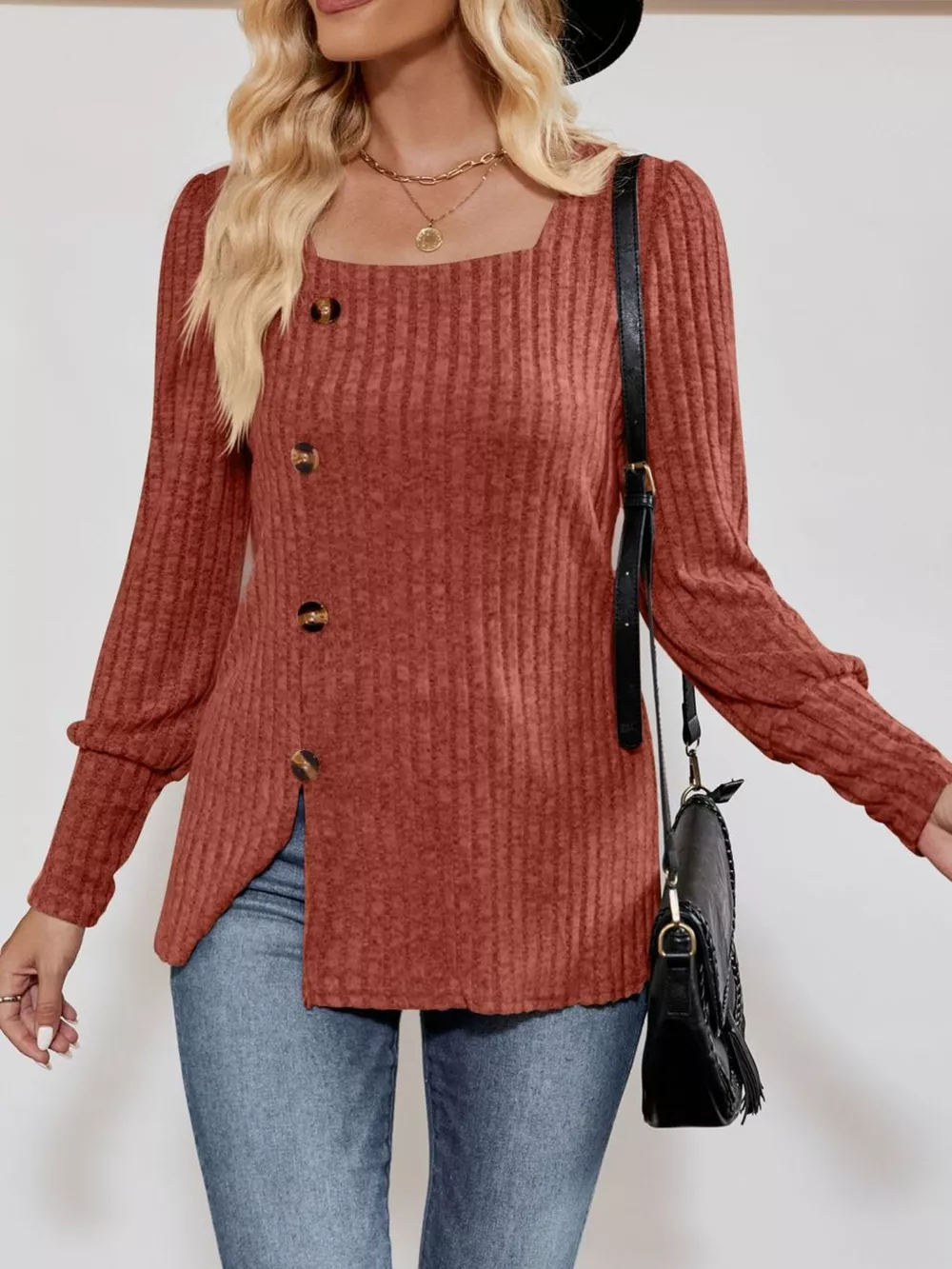Ribbed Knit Slit Long Sleeve T-Shirt, image 6