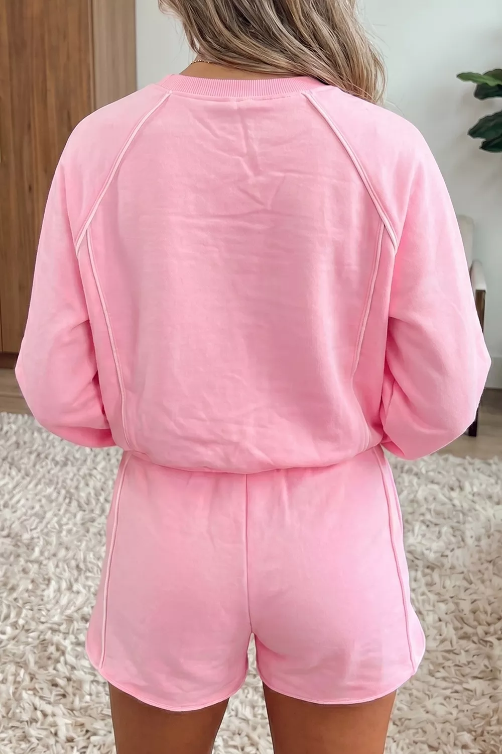 Piping Trim Long Sporty Pullover Drawstring Elastic Waist Shorts Set, image 2