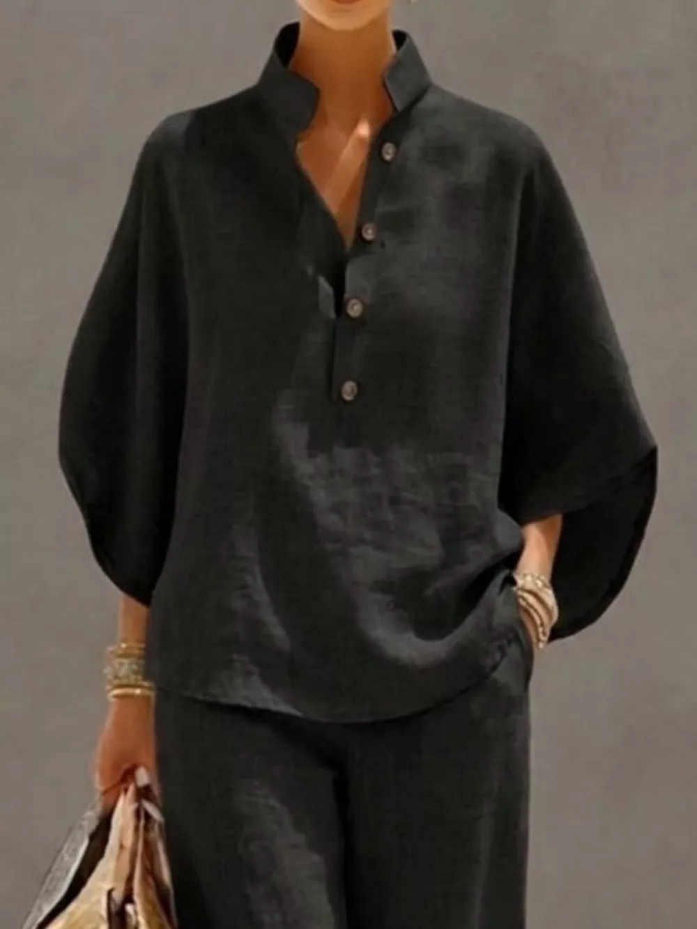 Full Size Button Detail 3/4 Sleeve Top and Pants Set Plus Size, image 14