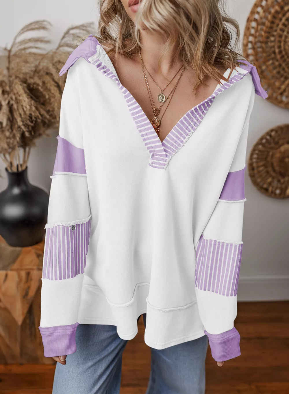 Color Block Striped Johnny Collar Sweatshirt, image 29