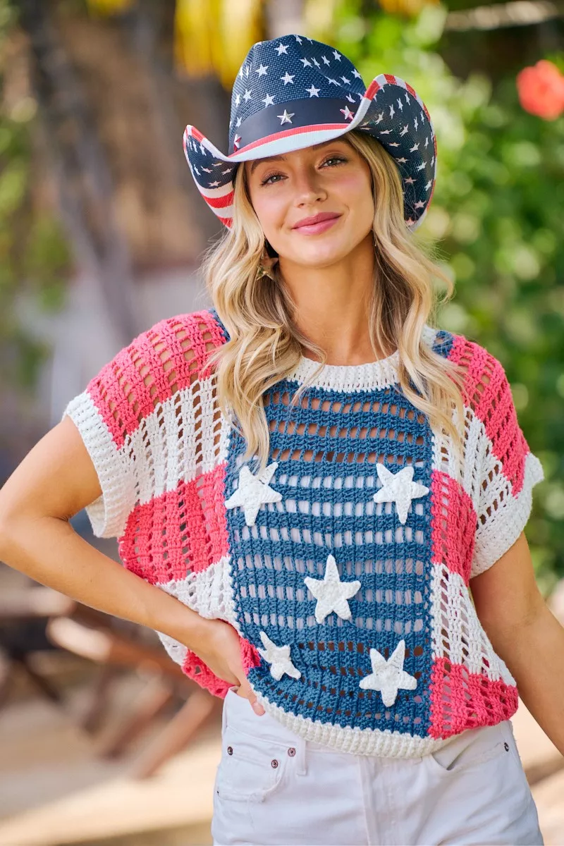 BiBi Crochet Star Patches 4th Of July Sweater Cover Up, image 3