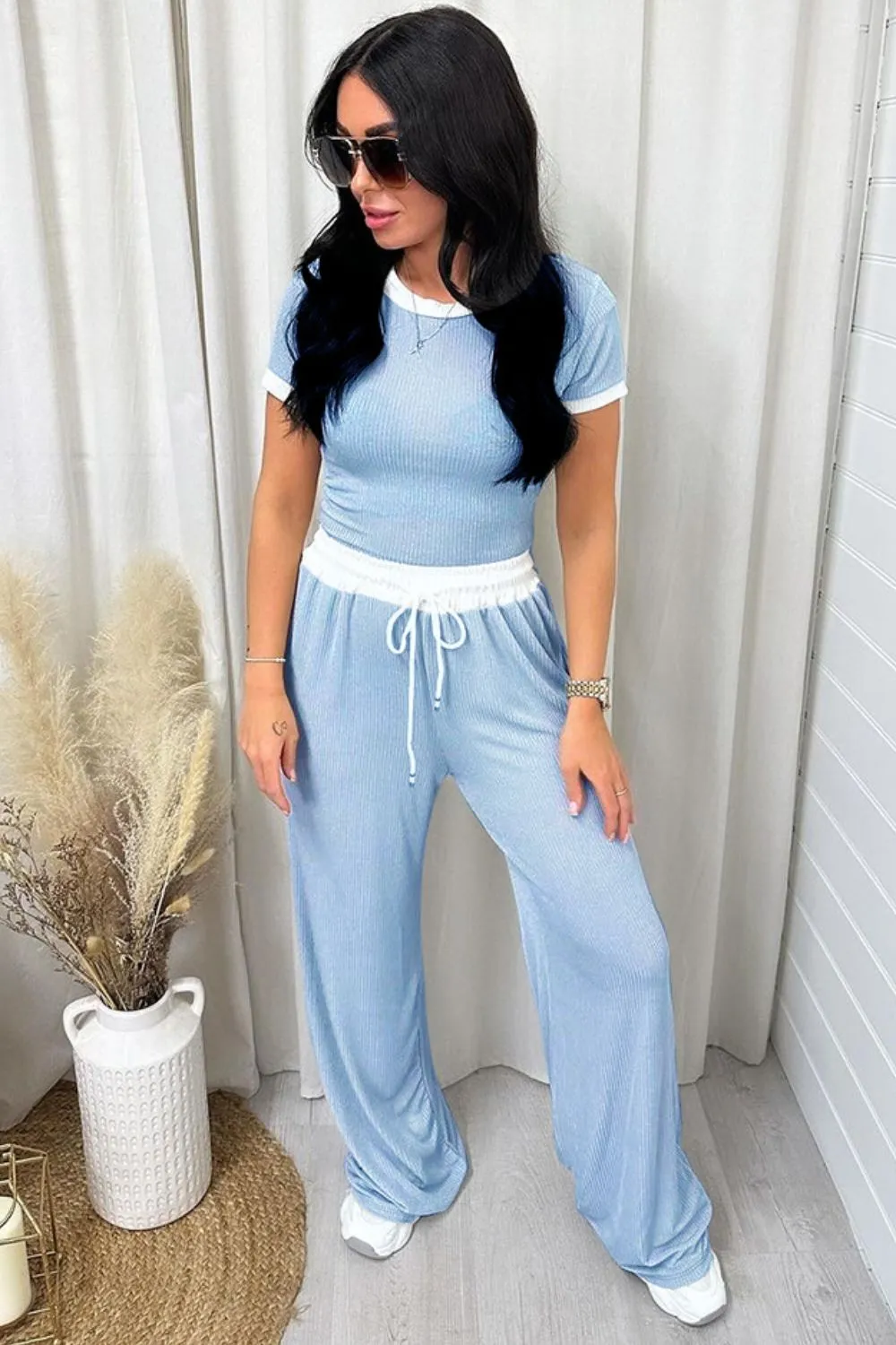 Contrast Trim Round Neck Top and Pants Set, image 14