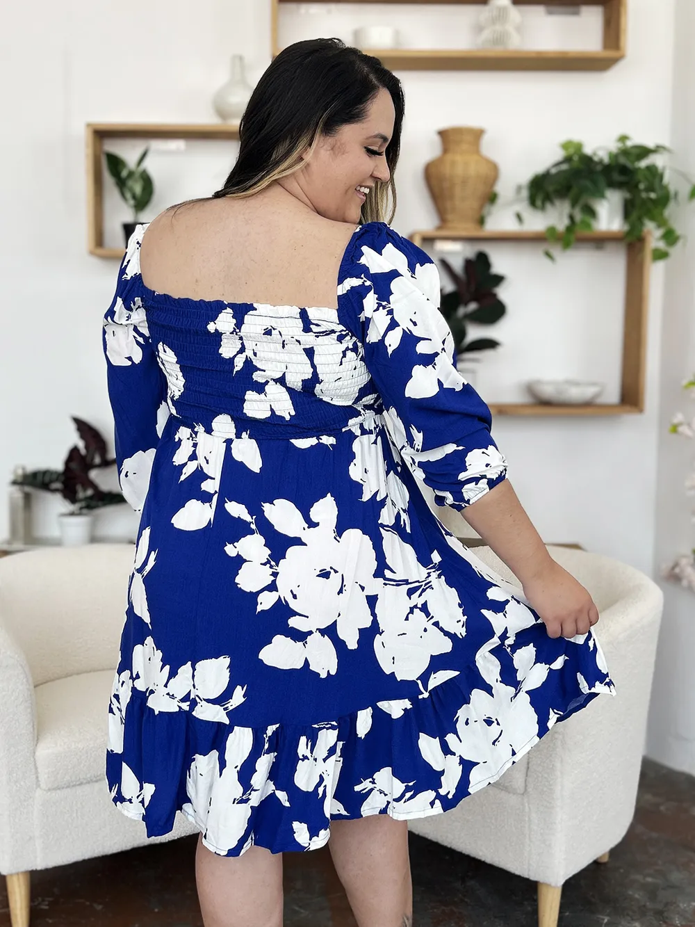Full Size Floral Ruffle Hem Smocked Dress with Pockets, image 18