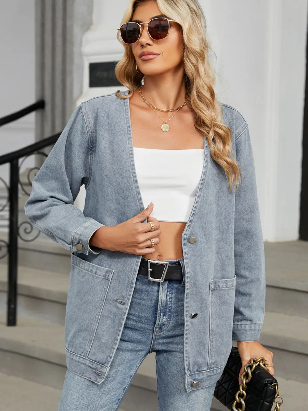 Pocketed V-Neck Button Up Denim Jacket, image 12