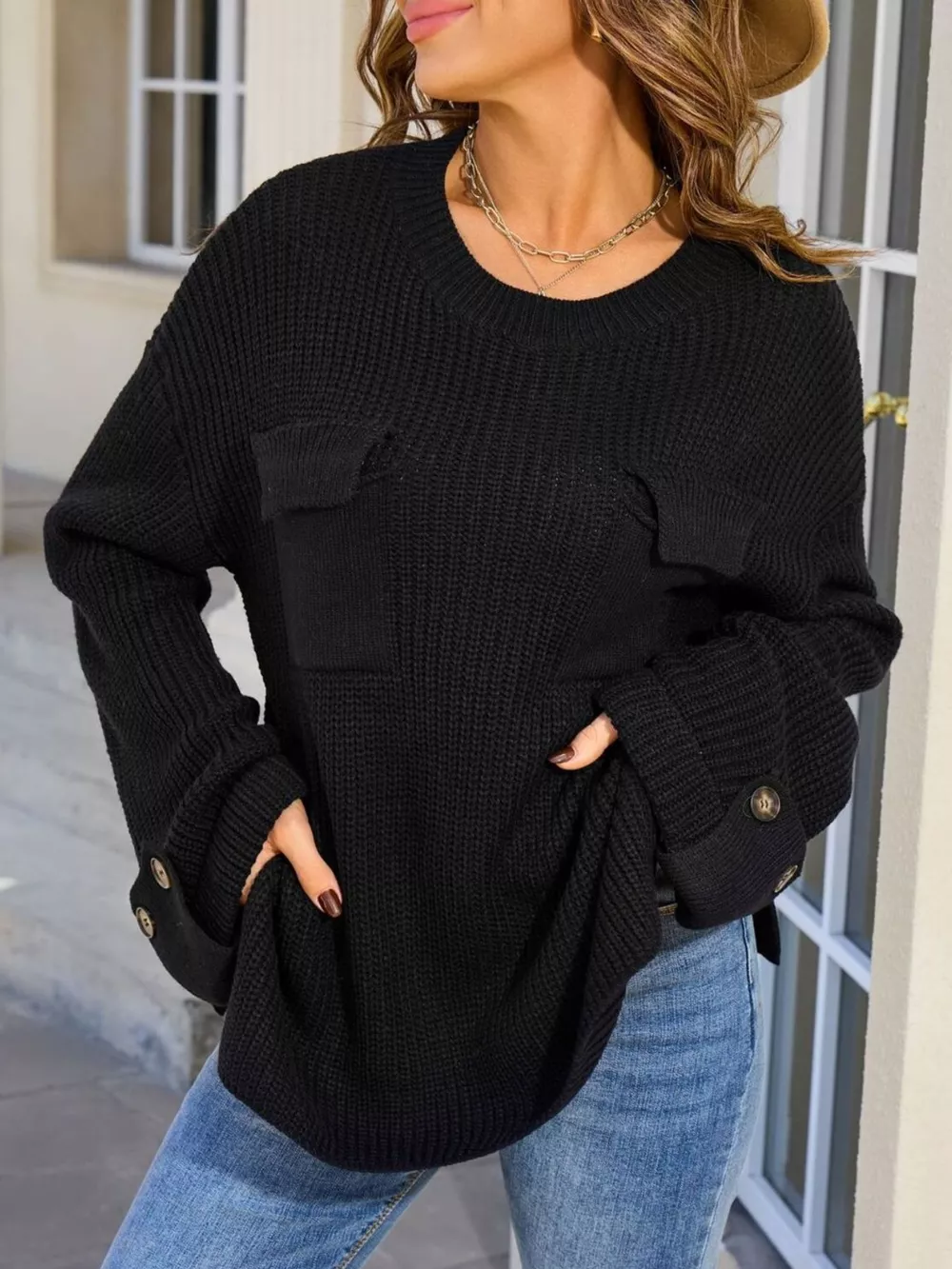 Pocket Detail Round Neck Sweater, image 13