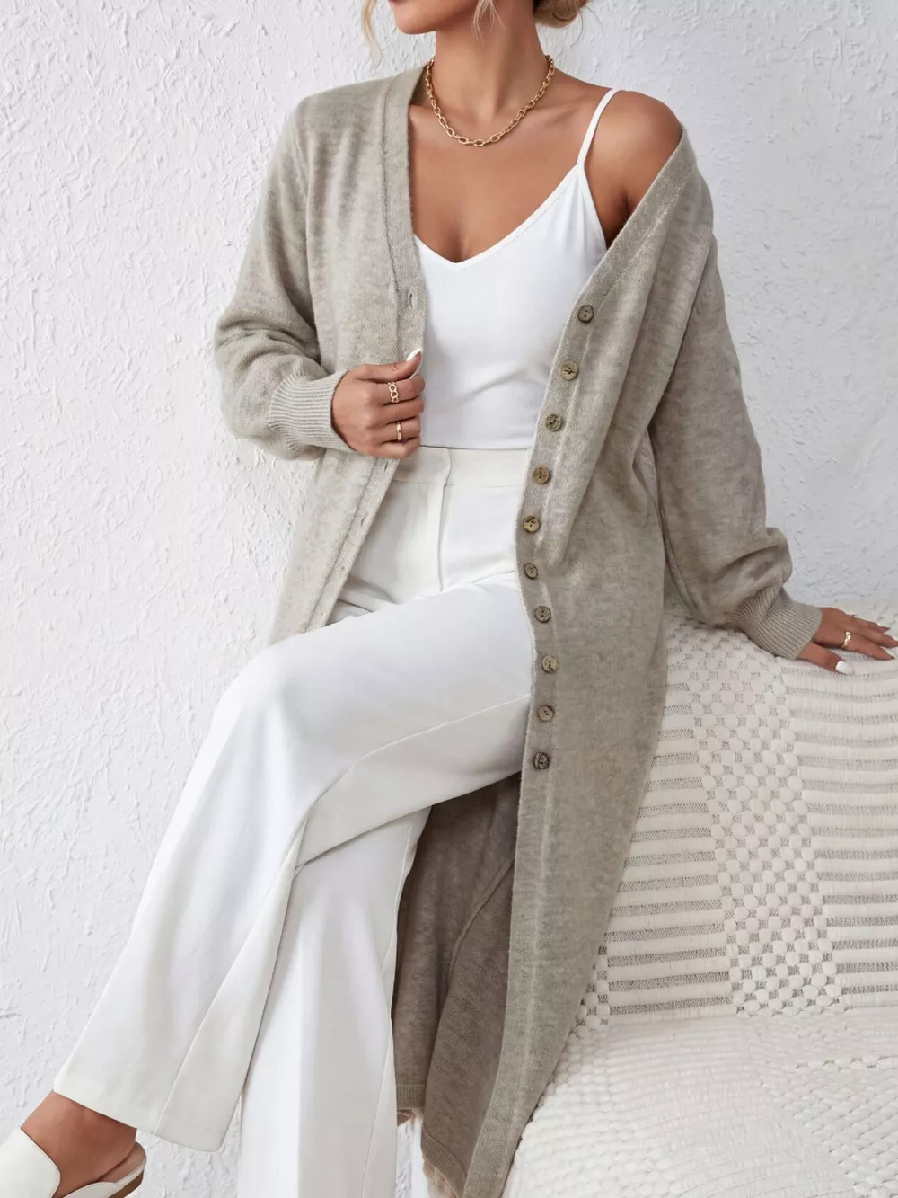 Elegant Longline Button-Front Cardigan with Lantern Sleeves, image 2
