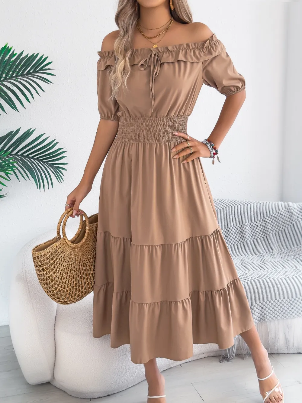 Smocked Off-Shoulder Tiered Dress, image 15