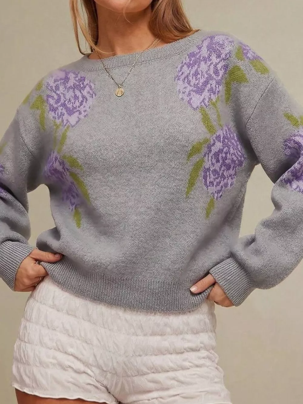 Floral Pattern Dropped Shoulder Sweater, image 12