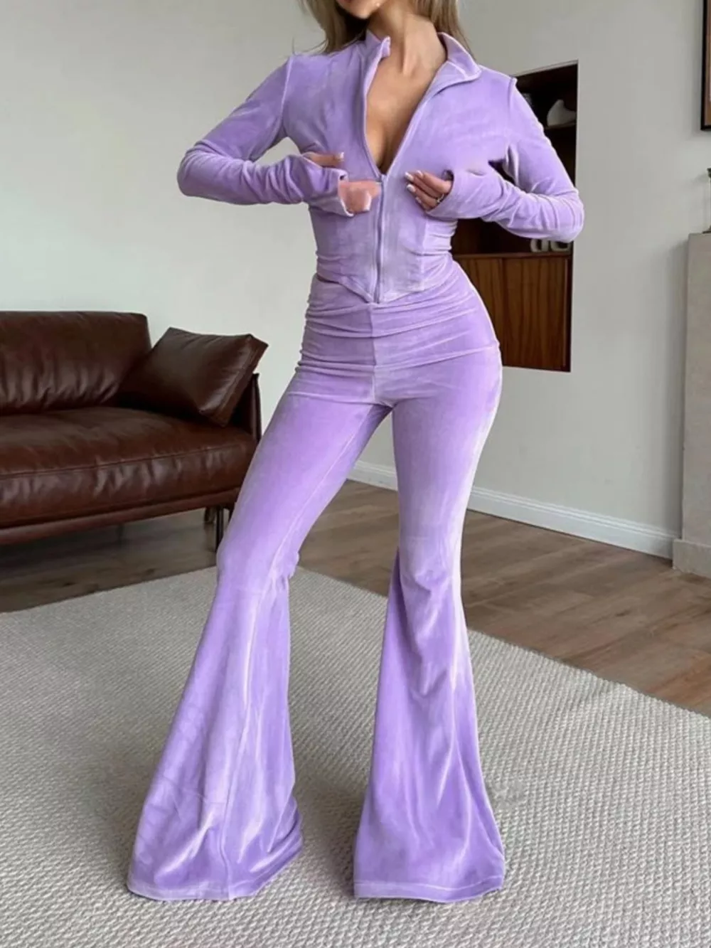 Zip-Up Crop Top and Flared Pants Two-Piece Set, image 22
