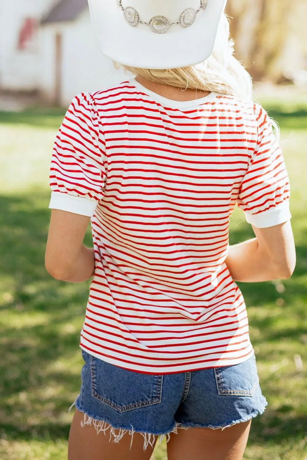 Stripe Contrast Trim Round Neck Short Puff Sleeve T Shirt, image 2