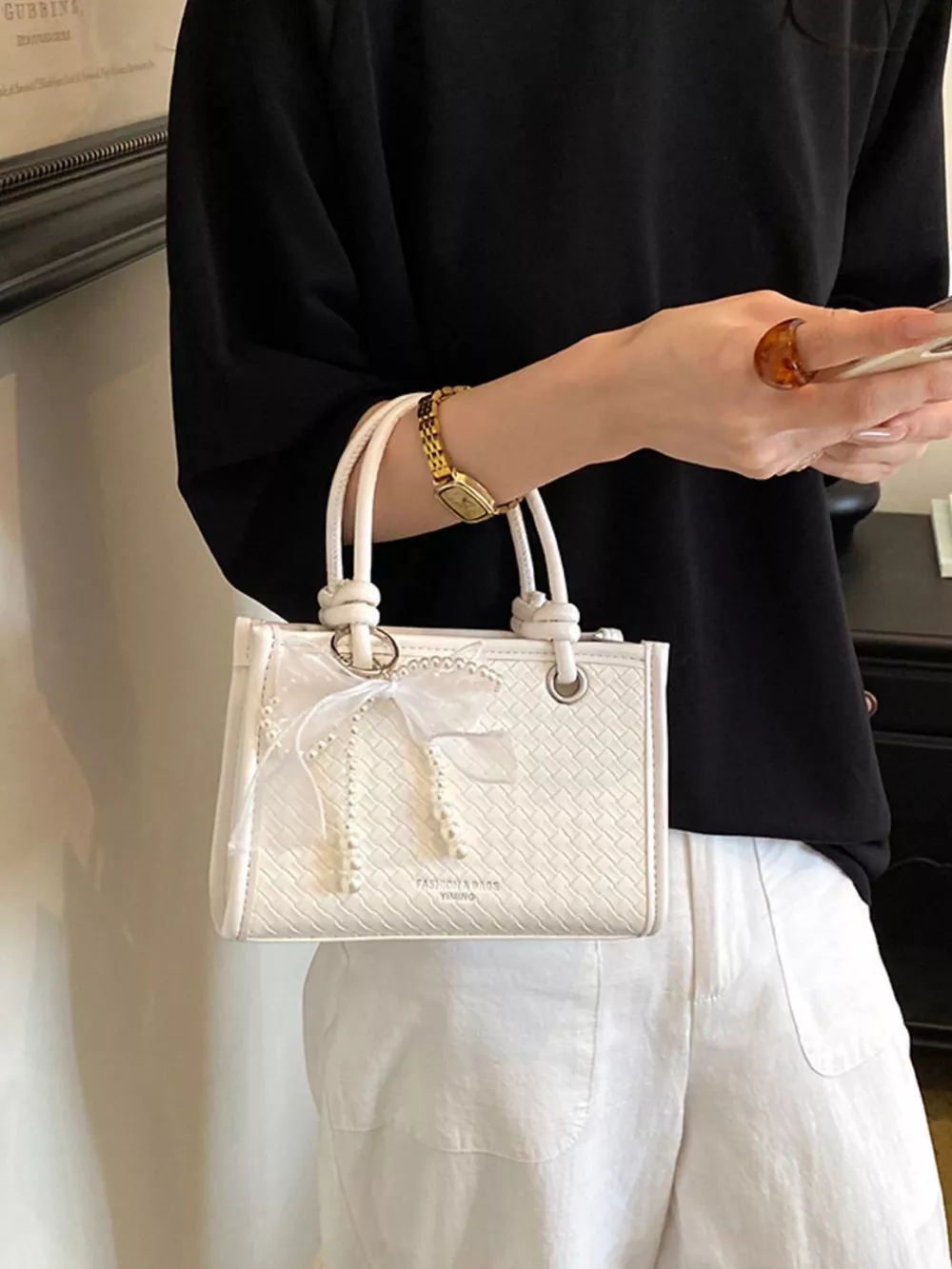 Elegant Bow Pearl Embellished Crossbody Bag, image 5