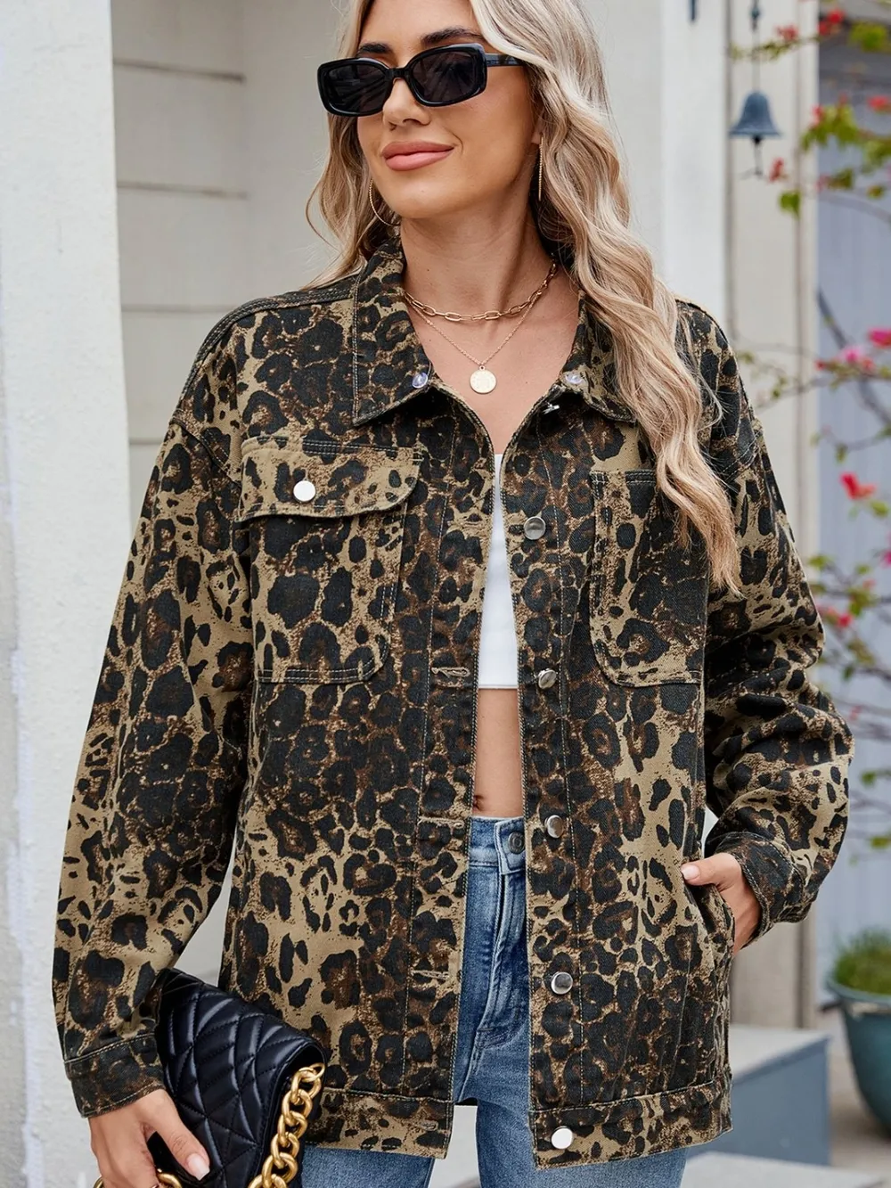Pocketed Leopard Long Sleeve Denim Jacket, image 5
