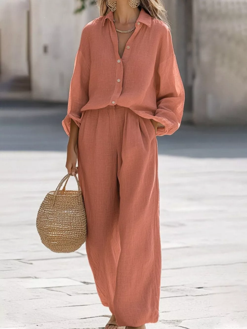 Full Size Loose Fit Shirt and Wide Leg Pants Set Plus Size, image 4